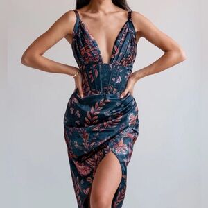 Averie Halley Draped Floral Midi Dress Cobalt Blue SZ XL Wedding Guest Chic NWT